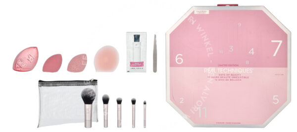 Real Techniques 12 Days Of Glow Advent Calendar 12stuk Cleansing Sponge/Complexion Sponge/Travel Sponge Cage/Mask Applicator/5 Brushes/Brush Cleanser Gel/Tweezers/Pouch