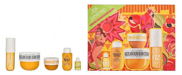 Sol De Janeiro Hydration Celebration Body Routine Set 507ml Brazilian Bum Bum Cream 240ml/Cheirosa 62 Perfume Mist 90ml/4Play Shower Cream-Gel 90ml/Bum Bum Scrub 70gr/Bum Bum Firmeza Oil Deluxe 12ml Remark: Bum Bum  body scrub 75 gr