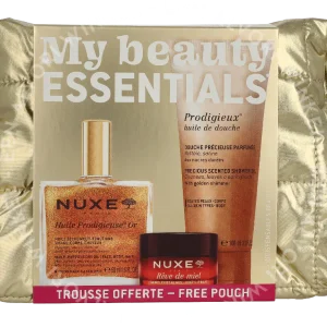 Nuxe My Beauty Essentials Set 165ml Huile Prodigieuse Or 50ml/Nuxe Prodigieux Precious Scented Shower Gel 100ml/Reve De Miel Lip Balm 15gr/Pouch
