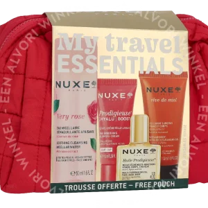 Nuxe Travel Set 105ml Very Rose Micellar Water 50 ml/Prodigieuse Boost Cream-Gel 10 ml/Reve De Miel Cleansing Gel 30ml/Creme Fraiche Cream 15ml/Pouch