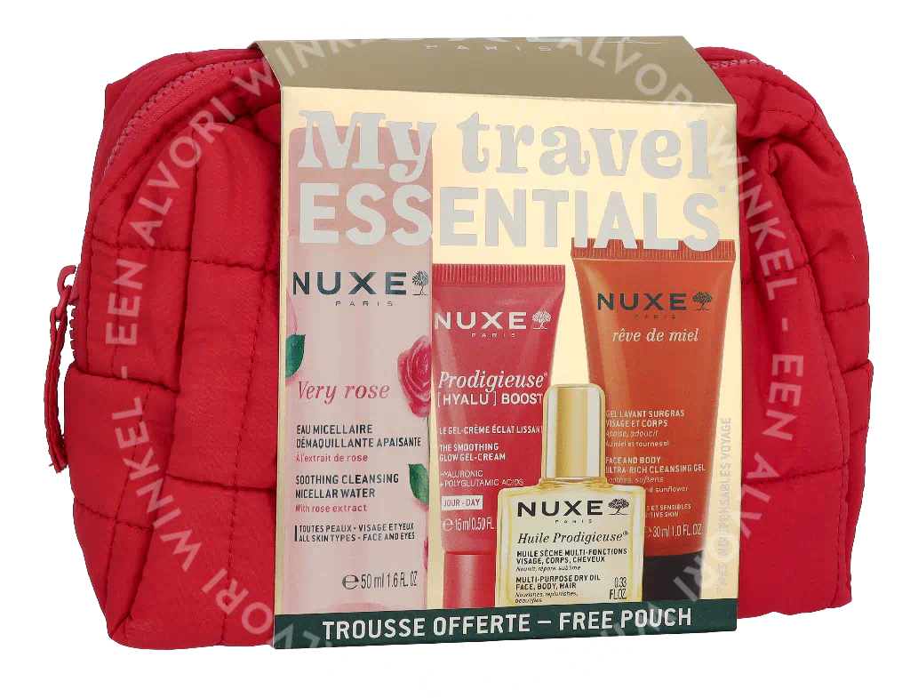 Nuxe Travel Set 105ml Very Rose Micellar Water 50 ml/Prodigieuse Boost Cream-Gel 10 ml/Reve De Miel Cleansing Gel 30ml/Creme Fraiche Cream 15ml/Pouch