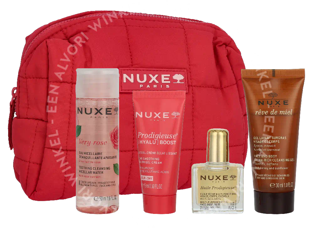 Nuxe Travel Set 105ml Very Rose Micellar Water 50 ml/Prodigieuse Boost Cream-Gel 10 ml/Reve De Miel Cleansing Gel 30ml/Creme Fraiche Cream 15ml/Pouch - Afbeelding 2