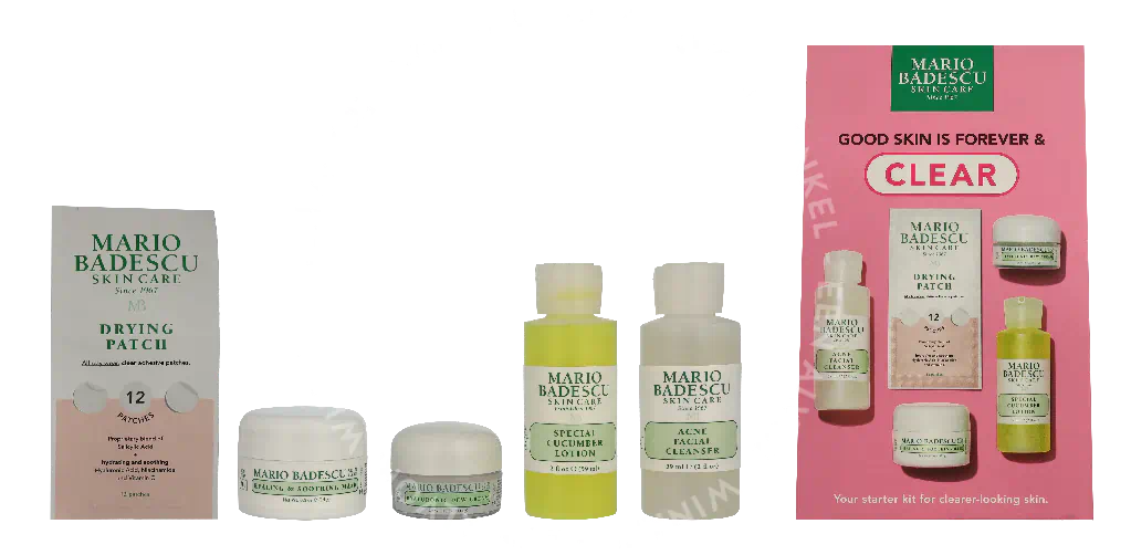 Mario Badescu Good Skin Is Forever & Clear Set 146ml Acne Facial Cleanser 59ml/Special Cucumber Lotion 59ml/Healing & Soothing Mask 14gr/Hyaluronic Dew Cream 14gr/12 Patches