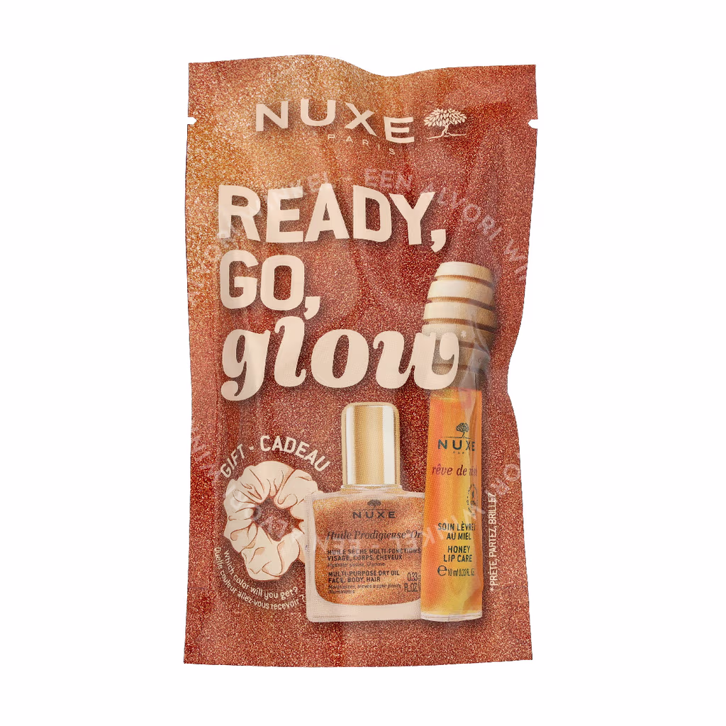 Nuxe Ready, Go, Glow Honey Set 20ml Lip Treatment 10ml/Dry Oil 10ml/Scrunchie