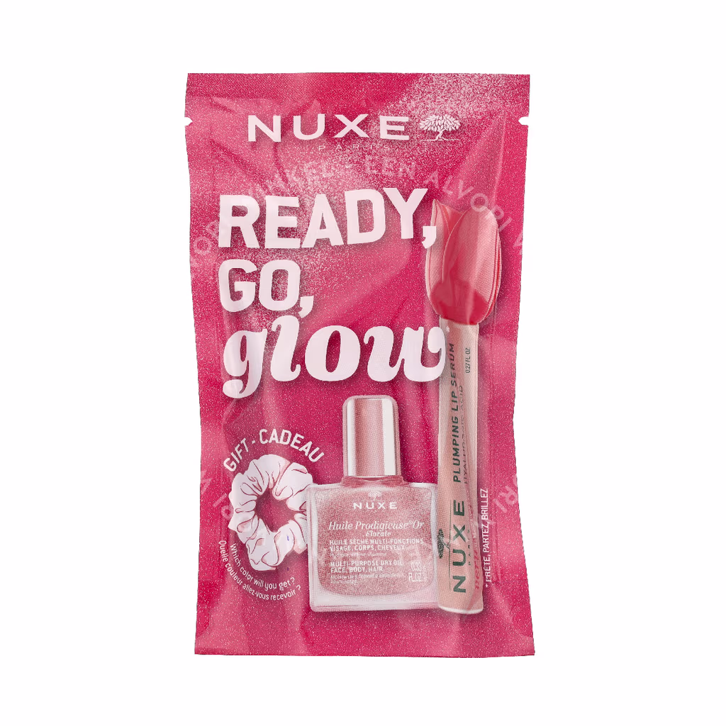 Nuxe Ready, Go, Glow Pink Set 18ml Lip Volume Serum 8ml/Dry Oil 10ml/Scrunchie - Afbeelding 2