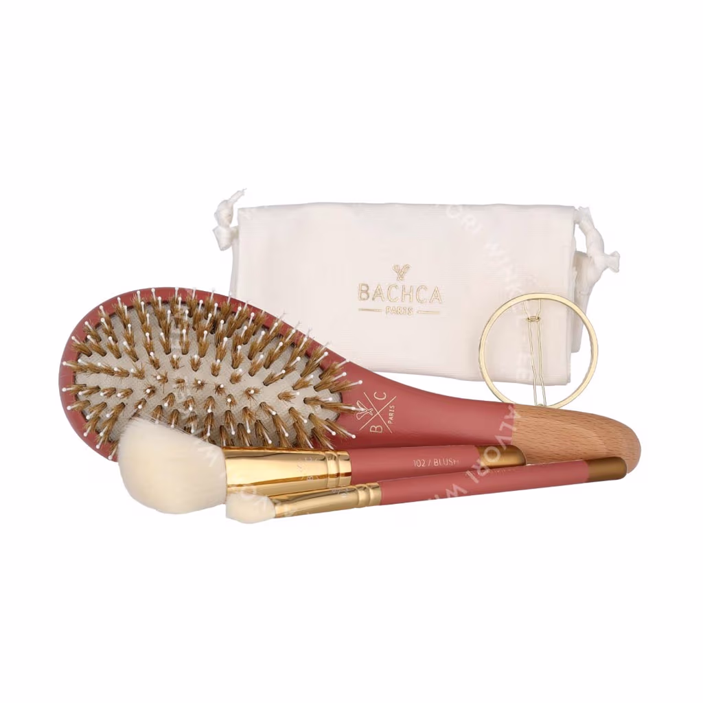 Bachca Paris The Essentials Hair Terracotta Set 5stuk Large Boar & Nylon Hair Brush/Blush Brush/Contour Shader Brush/Round Clip/Cotton Pouch