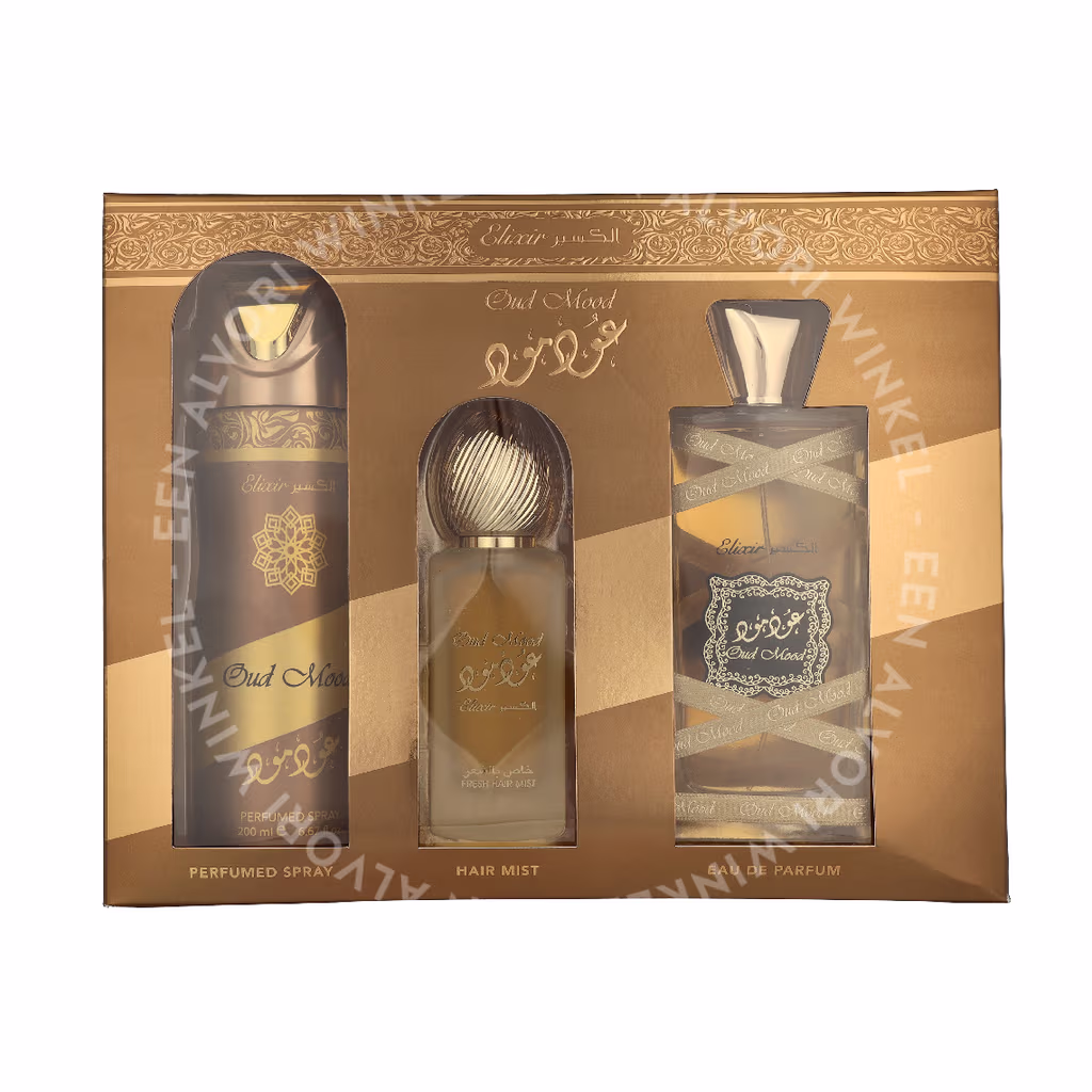 Lattafa Oud Mood Elixir Giftset 350ml Edp Spray 100ml/Hair Mist 50ml/Deo Spray 200ml - Afbeelding 2