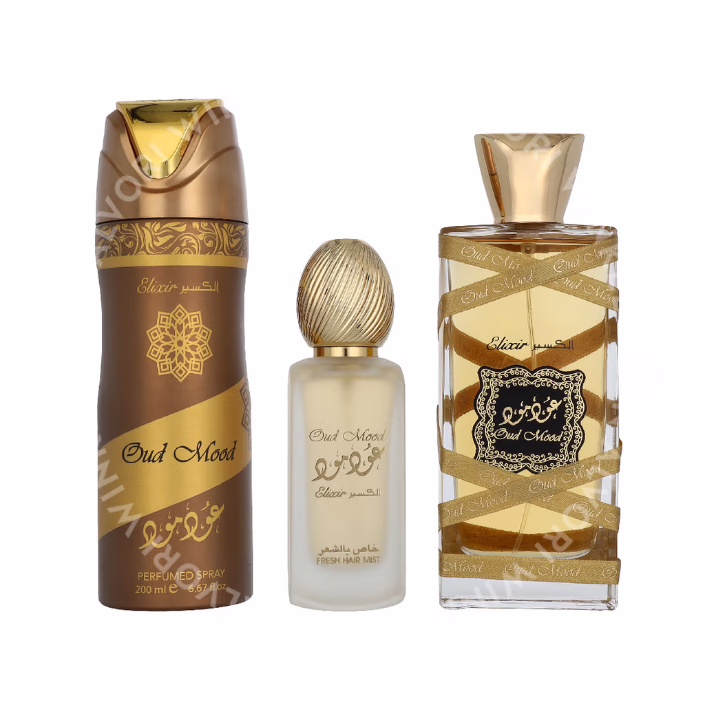Lattafa Oud Mood Elixir Giftset 350ml Edp Spray 100ml/Hair Mist 50ml/Deo Spray 200ml